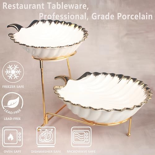 2-Tier Serving Rack with Ceramic Serving Bowls, Foldable Gold Stand with 2 gallery