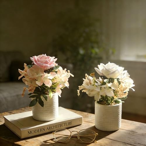 Artificial Roses, 2 Pack White and Pink Faux Rose Flowers in Plastic Pots, gallery