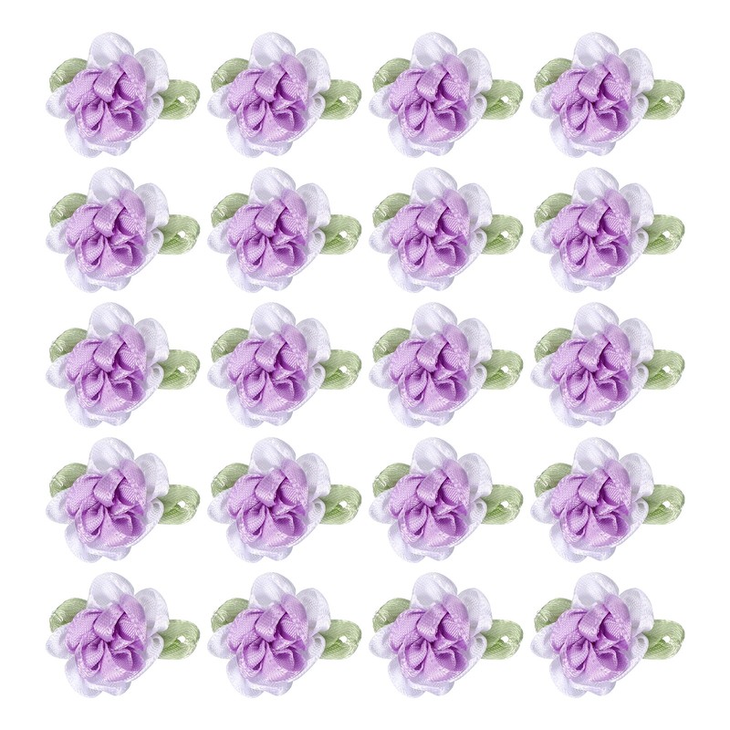 20Pcs, 1" Ribbon Flowers Bows Mini Satin Roses Flowers Purple/White