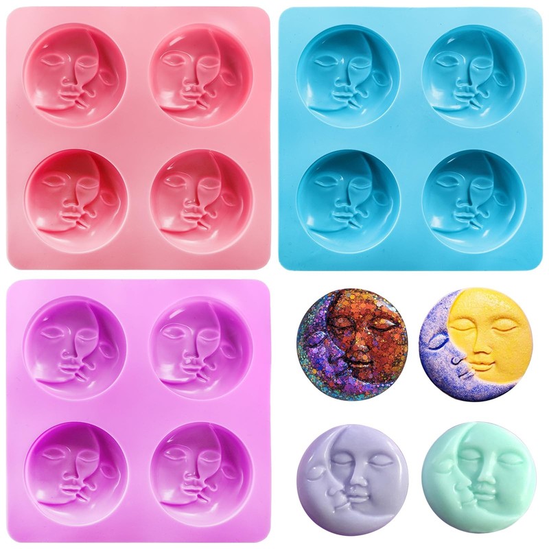 Hedume 3 Pack Sun & Moon Silicone Soap Molds, 4 Cavity & Face Purple