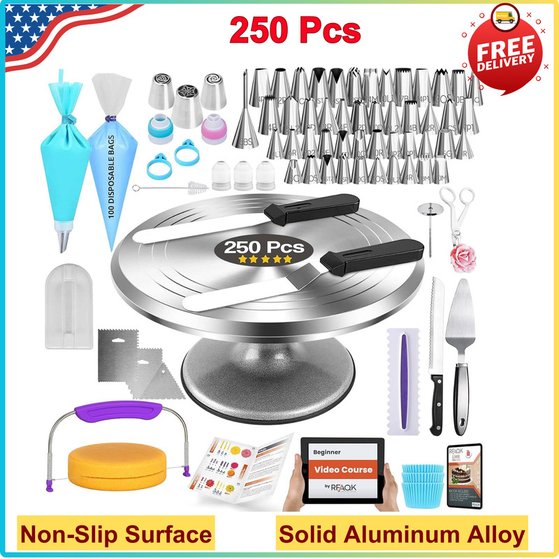 250 Pcs Aluminum Cake Decorating Tools Kit with 12" Metal Turntable & Knife set