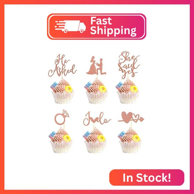 Arthsdite 24Pcs He Asked She Said Yes Cupcake Toppers Diamond Ring Heart I Do Ca