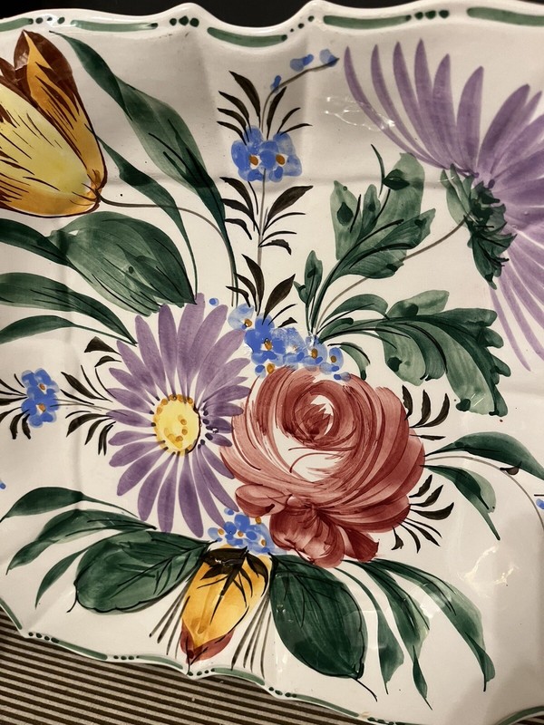 Hand Painted ITALY Square Cake Plate Large Floral Sculpted Handles gallery