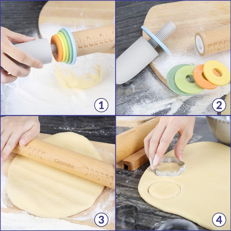Adjustable Wood Rolling Pin with 5 Thickness Rings, Precise Dough Roller Hand... gallery