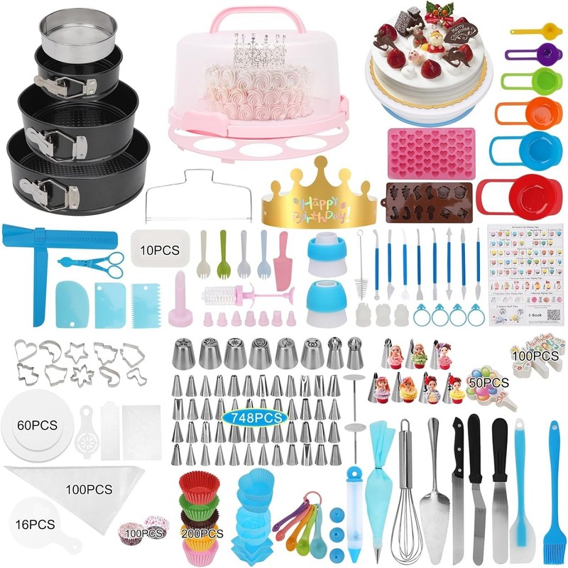 Cake Decorating Kit 748 Pcs with Springform Pans Turntable Piping Tips Baking