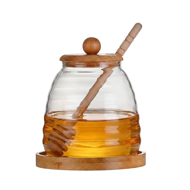 Beehive Glass Honey Jar with Lid and Dipper, 17oz Airtight Honey Pot with Mat…