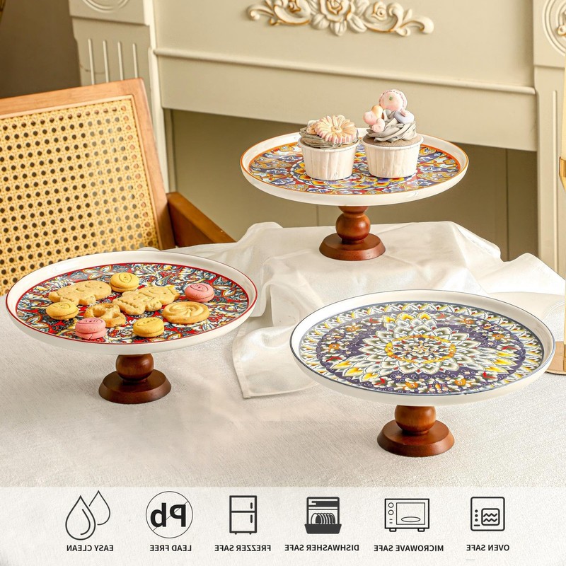Ceramic Cake Holder Stand with Elegant Wood Curved Footed, 8” Versatile Desse... gallery