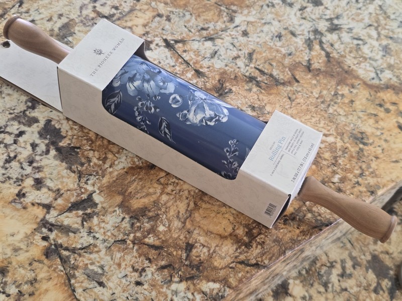 New! The Pioneer Woman Delilah Floral Rolling Pin Olivewood Handles Blue white gallery