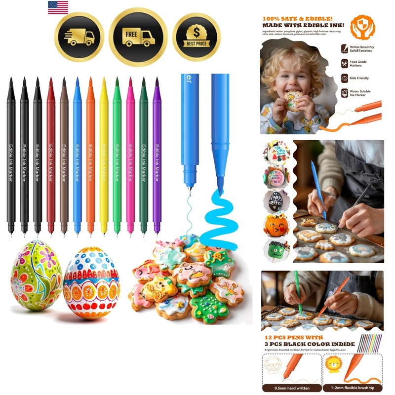Edible Markers for Cookies Decorating – Food Coloring Pens, 12 Pack Dual Tip ...