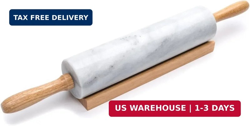 Polished Marble Rolling Pin with Wooden Cradle, 10-Inch Barrel, White