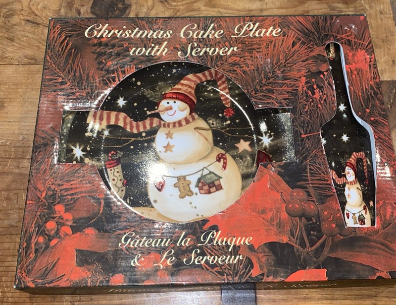 Ceramic Cake Plate with Server 10.5” Round Tray Snowman Christmas NEW