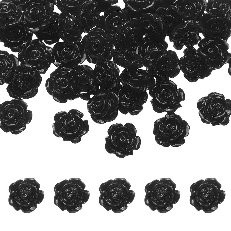 50Pcs Black Resin Rose Flower Beads 10mm Flatback Flower Charm