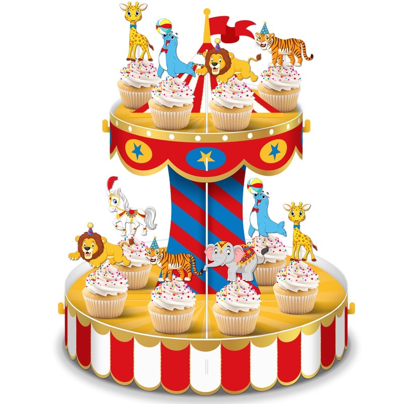 Carnival Circus Cupcake Stand Party Decorations with 24 Cupcake Toppers Circu…