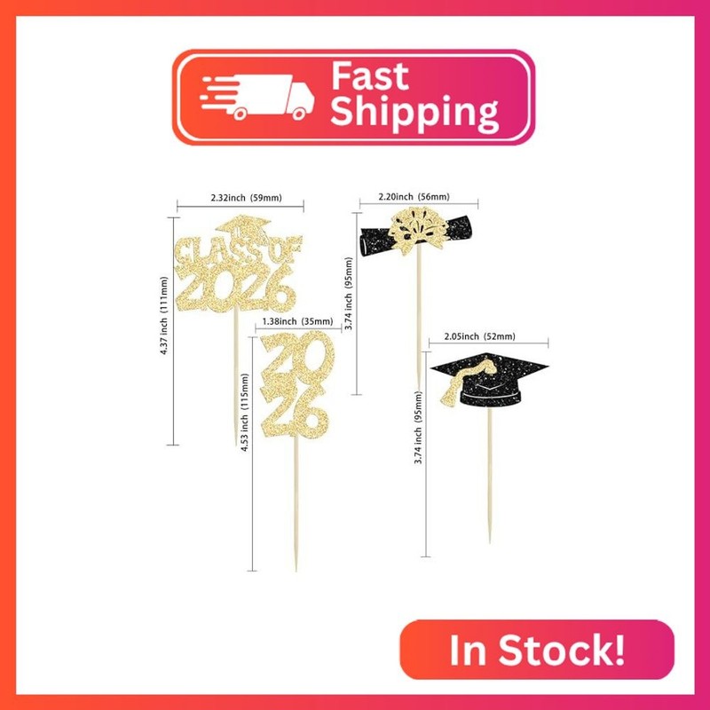 Ephlyn 36Pcs 2026 Graduation Theme Cupcake Toppers Glitter Class of 2026 Congrat gallery