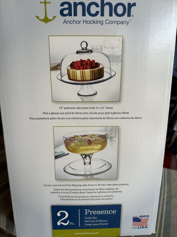 Anchor Hocking Entertainers 2 Piece Glass Domed Cake Set in Original Box NIB 13” gallery