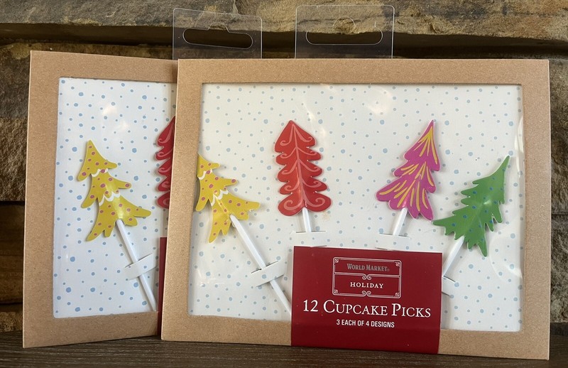 World Market Holiday 24 Cupcake Picks Christmas Trees Multicolor Christmas NEW