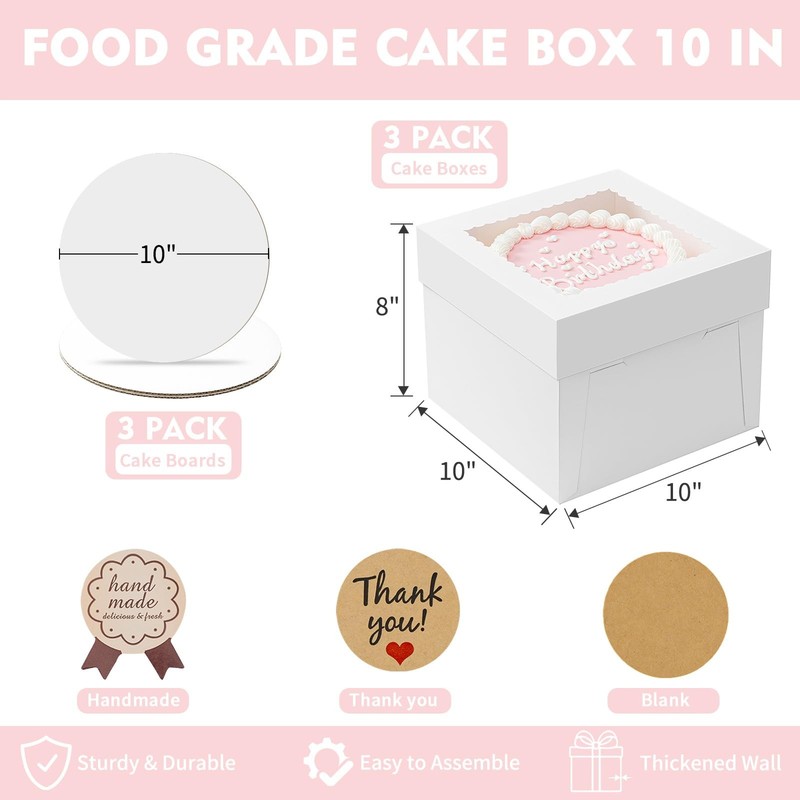 3 Pack Cake Boxes, 10x10x8 Inches Tall Cake Box with Cake Boards, White Baker... gallery