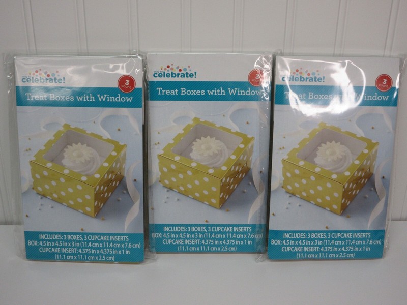 Treat Boxes W/ Window & Cupcake Insert Gold White Polka Dots Lot of 3 -3pack ea