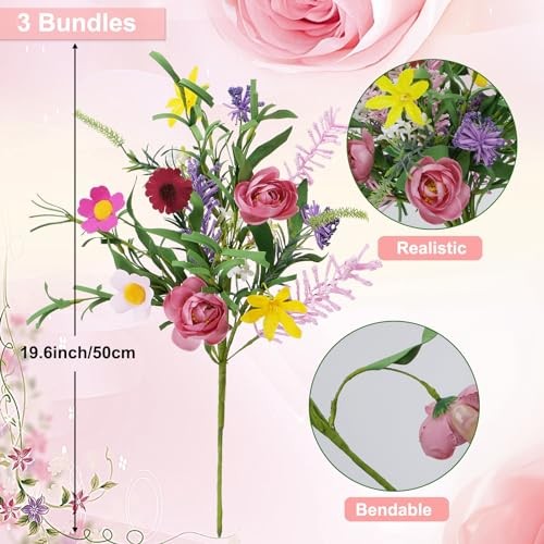 3 Bundles Artificial Flowers for Decoration Faux Roses Bouquet with Pink gallery