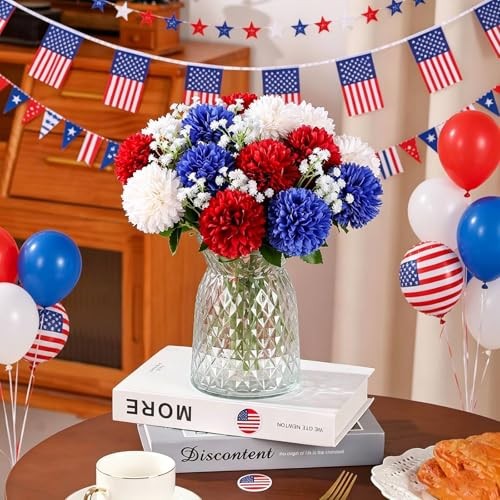 24pcs 4th of July Flowers Artificial Chrysanthemum Ball Red Blue White-24pcs gallery