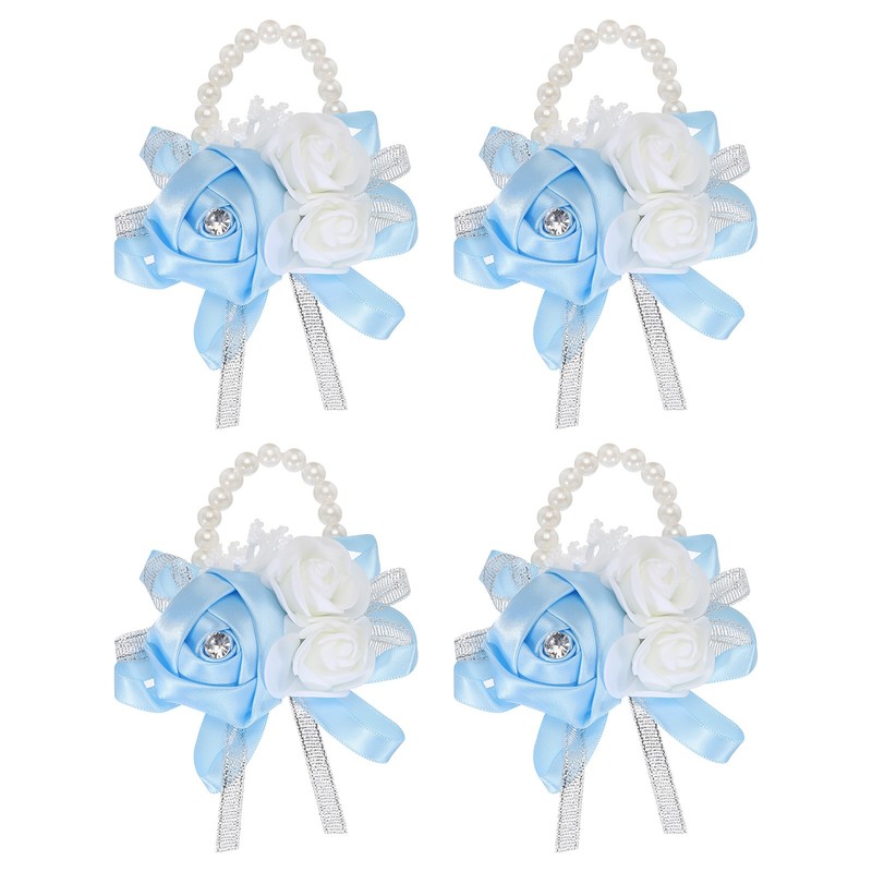 Wrist Corsage Artificial Flower Bracelets Pack of 4 Rose Wrist Sky Blue