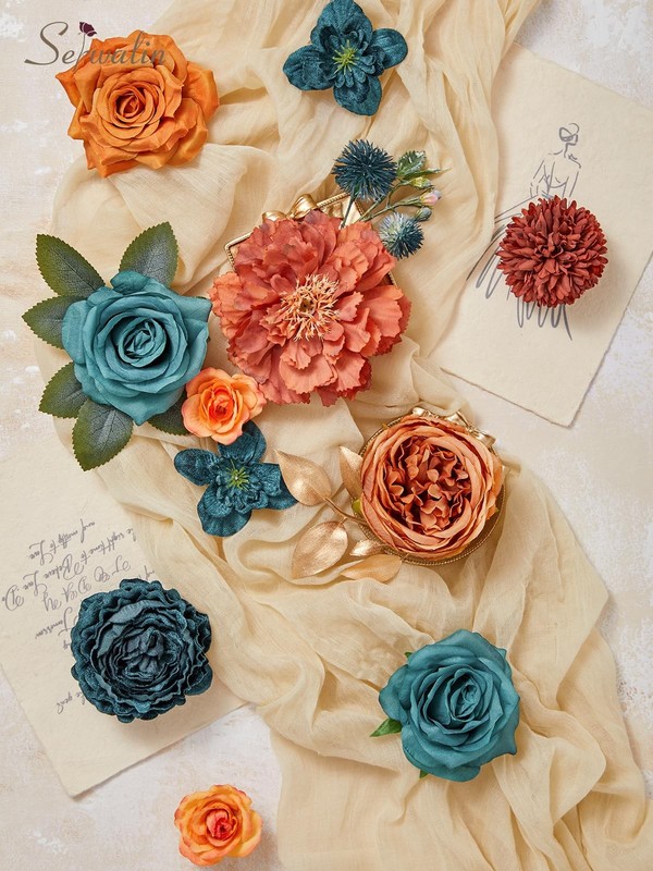 Serwalin Artificial Flowers Teal Burnt Orange Silk Floral Centerpieces Fake gallery