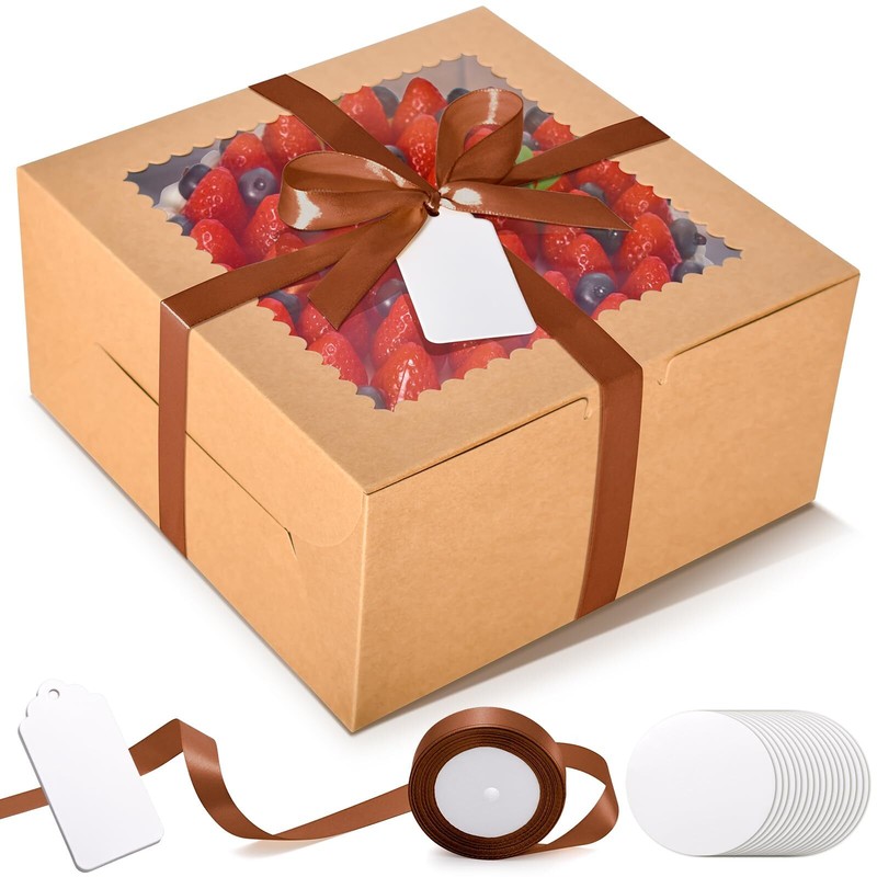 32 Pcs 10″ Cake Boxes with Boards 16 Brown Boxes + 16 Boards Window