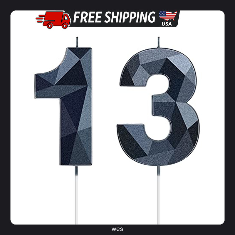 2 Pack Number 13 Birthday Candles Black 3D Diamond Cake Topper Decoration