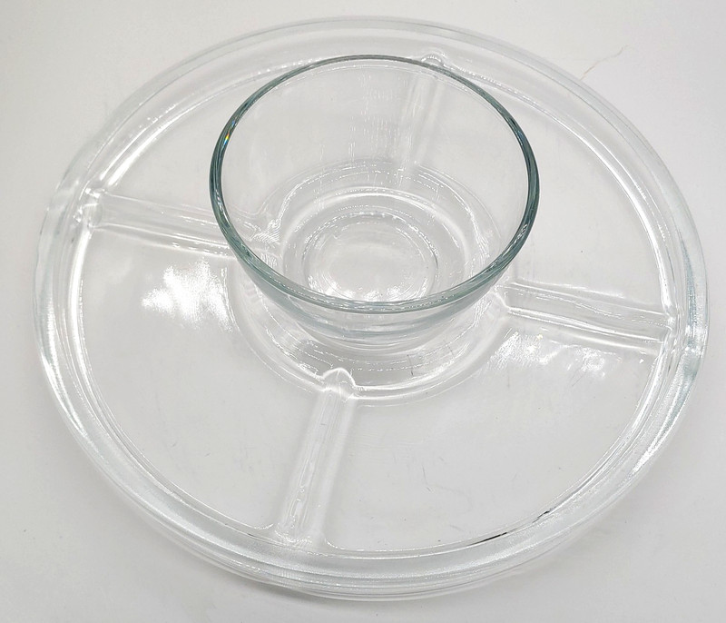 Clear Glass Relish Tray Chip and Dip Bowl Converts to Cake Stand-11 inch Vintage gallery