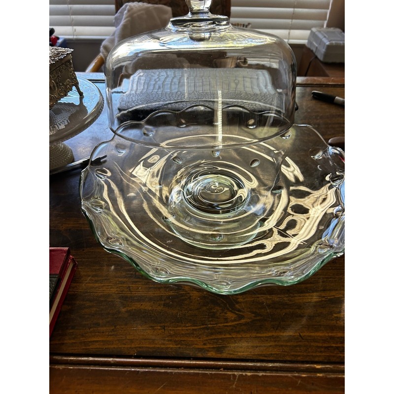 Vintage Clear Glass Cake Stand with Scalloped Rim and Dome Lid Pedestal Base gallery