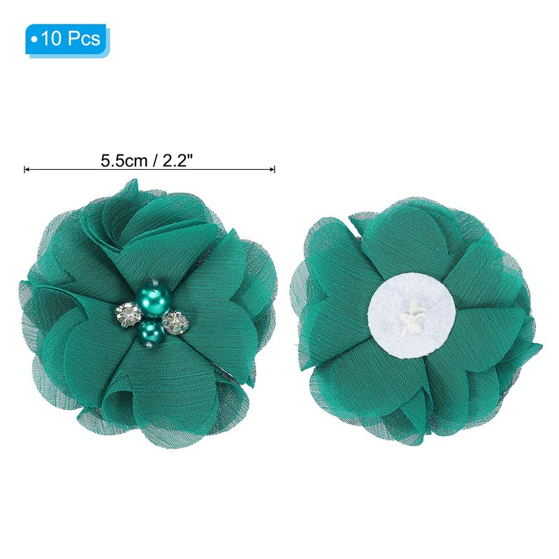 10Pcs 2" Chiffon Flowers with Rhinestone Pearl Appliques Decorate Dark Green gallery