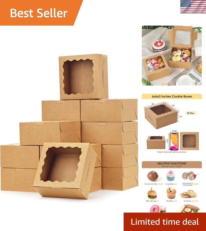 Elegant 6x6x3 Inch Windowed Bakery Boxes for Cookies & Treats – 15 Count