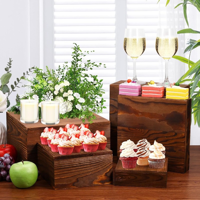6 Pack Wooden Risers Display Stands Rustic Wood Cake & Cupcake Stands Party gallery