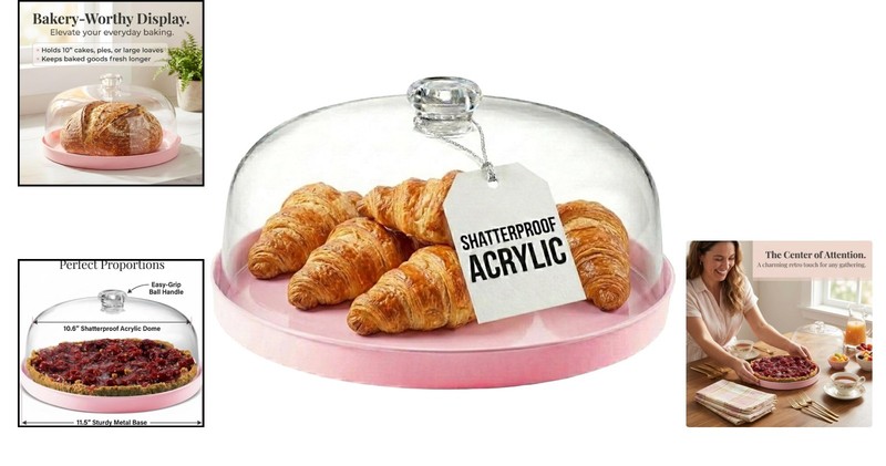 Elegant Pink Metal Cake Stand with Shatterproof Dome - Perfect for Any Occasion gallery