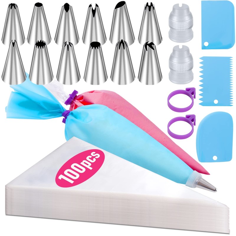 Piping Bags and Tips Set, 100Pcs 12 Inch Pastry Bags, Icing Bags Disposable f…