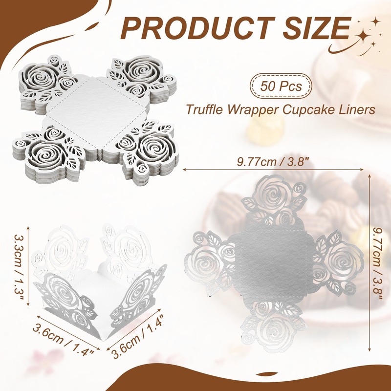 50Pcs 1.4x1.4" Rose Shape Truffle Wrapper Cupcake Liners for Decor, Silver gallery