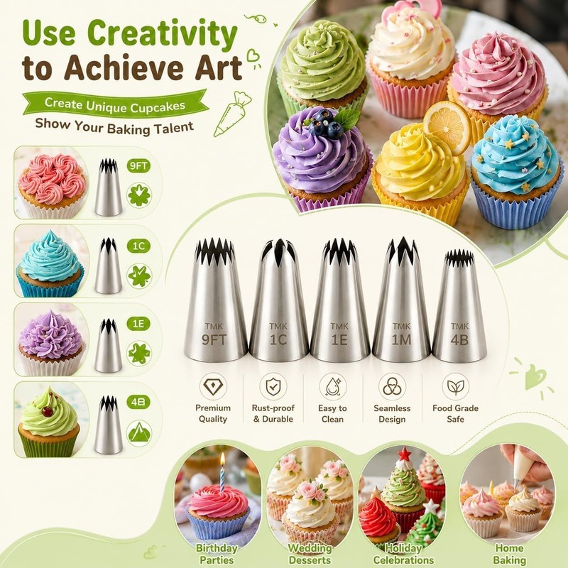 Professional Cake Decorating Tips Set - 5 Seamless Stainless Steel Nozzles gallery