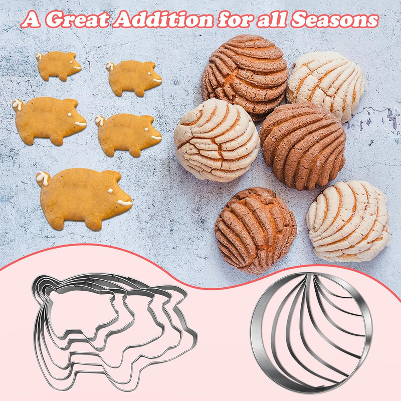 Concha Cutter Mexican Bread Mold 4.1 Inch with 5 Sizes Pig Cookie Cutter Set, Me gallery