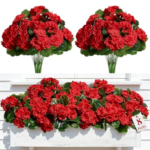Pcs Artificial Geranium Flowers for Outdoors Decoration Silk Floral, UV 8 Red gallery