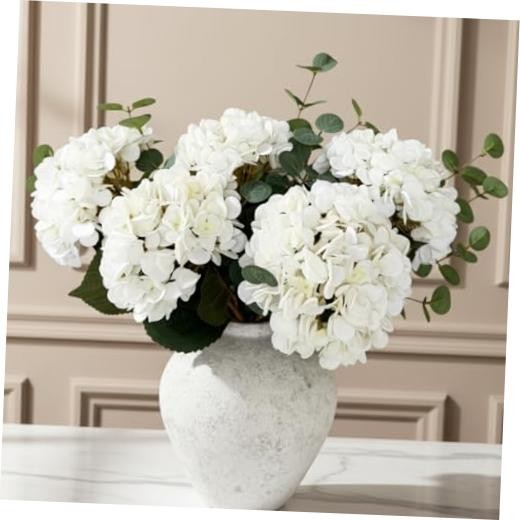 Real Touch White Faux Hydrangea & Eucalyptus Arrangement – White Hydrangea