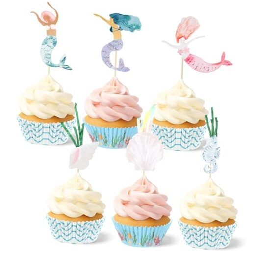 48 Pcs Mermaid Cupcake Kit Include 24 Mermaid Cake Topper 24 Ocean Cupcake