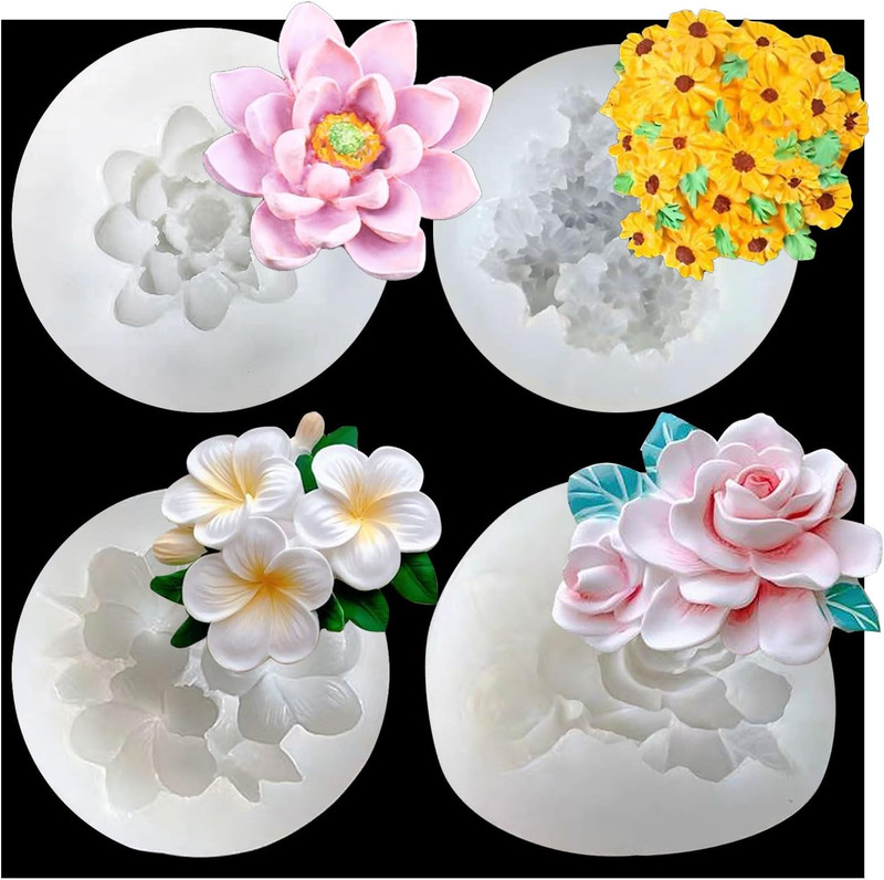 4 Pcs Flower Silicone Molds, Rose Flower Fondant Molds Daisy Candy Mold Plume…