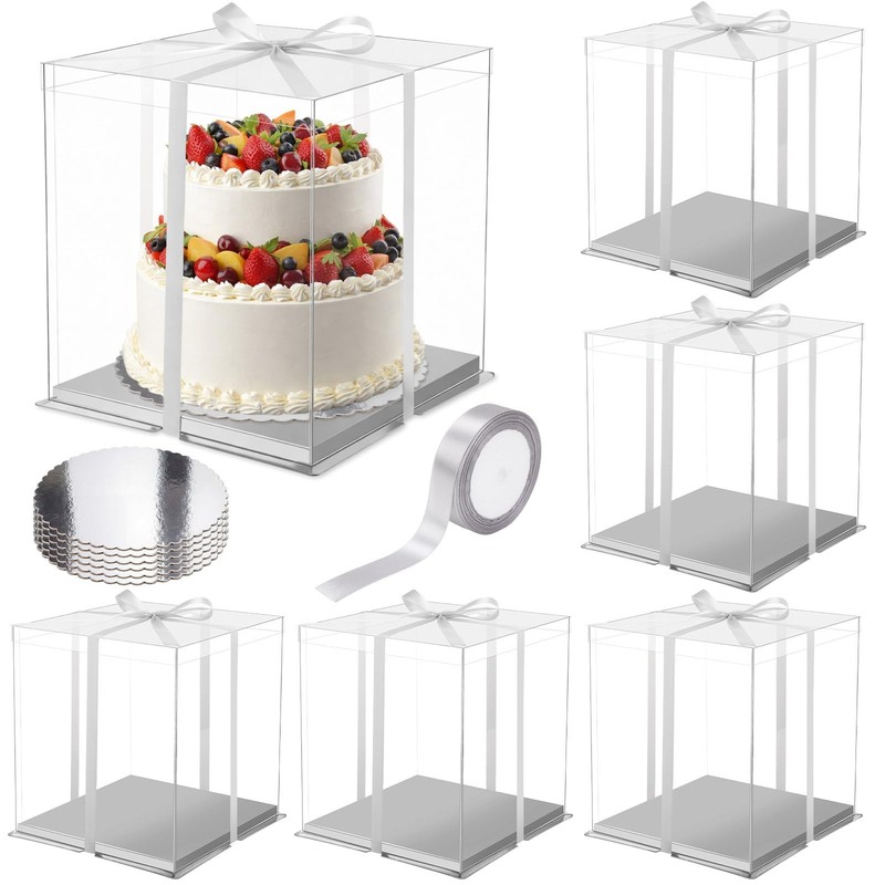 6 PCS Large Clear Cake Box 12x12x13 Inch Silver Round Boards Ribbon Container