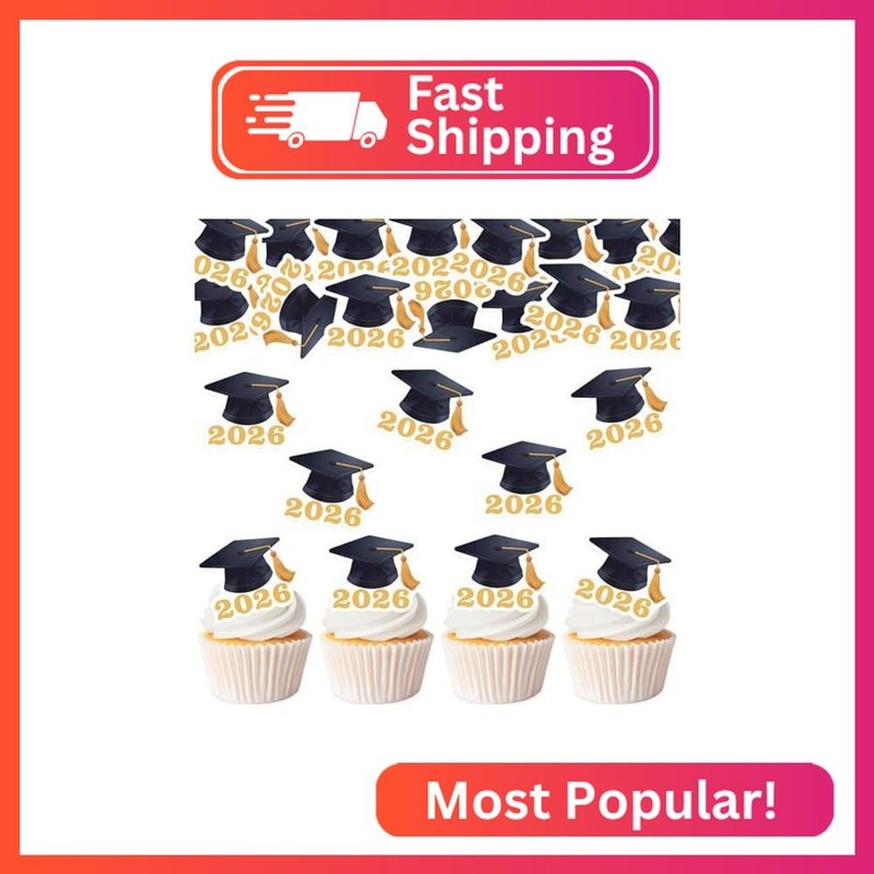 Fyeoxle 42pcs Edible Graduation Cap Cupcake Toppers Wafer Paper Gold Class of 20