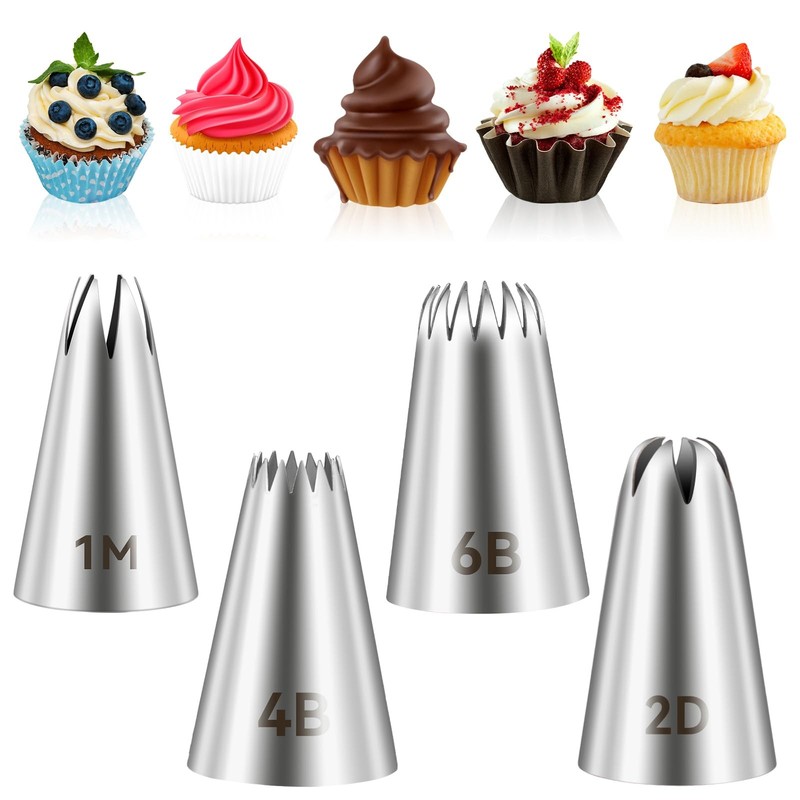 Flower Piping Tips Set 1M 2D 4B 6B Open Star Stainless Steel Decorating 4 PCS