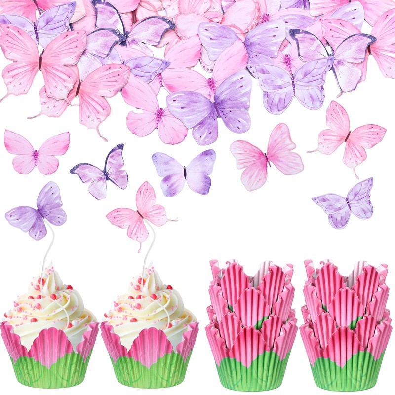 200 Counts Floral Cupcake Set Include100 Counts Pink Petal Tulip Cupcake Line…