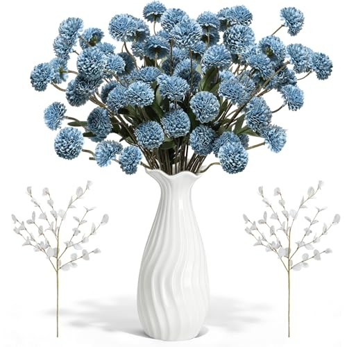 Faux Silk Pompon Mums Artificial Flowers - 12 Pcs Fake Kiku Flowers Bulk Blue