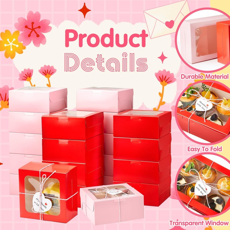 100 PCS Valentines Cookie Boxes Window 4x4x2.8 Inch Red Pink Pastry Bakery gallery
