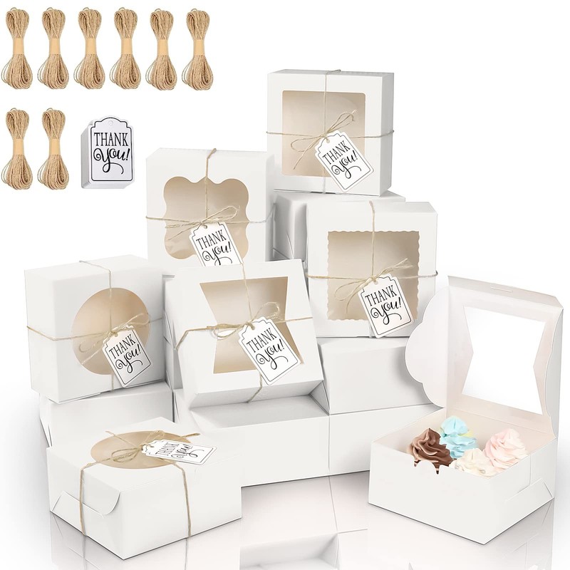 65PCS White Bakery Boxes, 6x6x3 Inches, 5 Style, Window, Cookie, Pastry