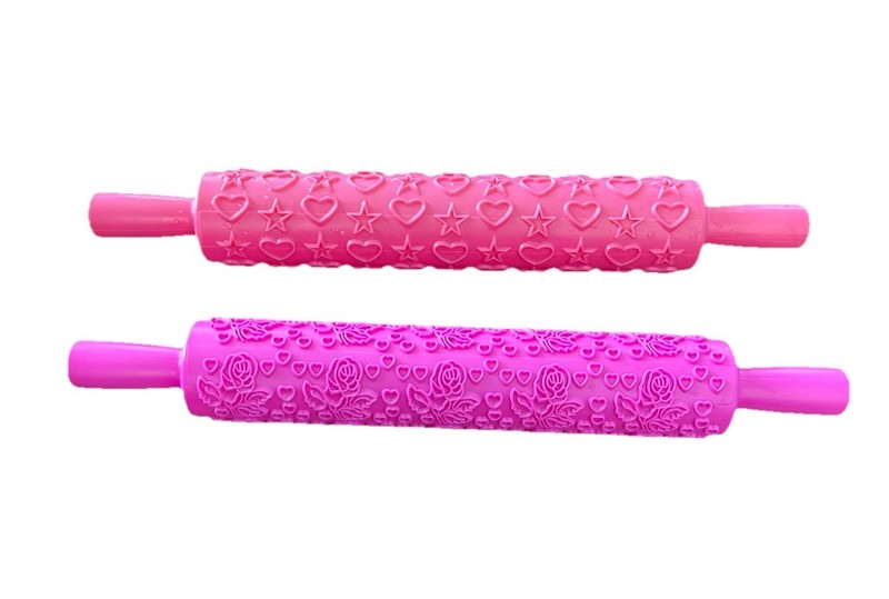Embossed Textured Plastic Rolling Pins Lot of 2 Pink Hearts Floral Fondant Dough